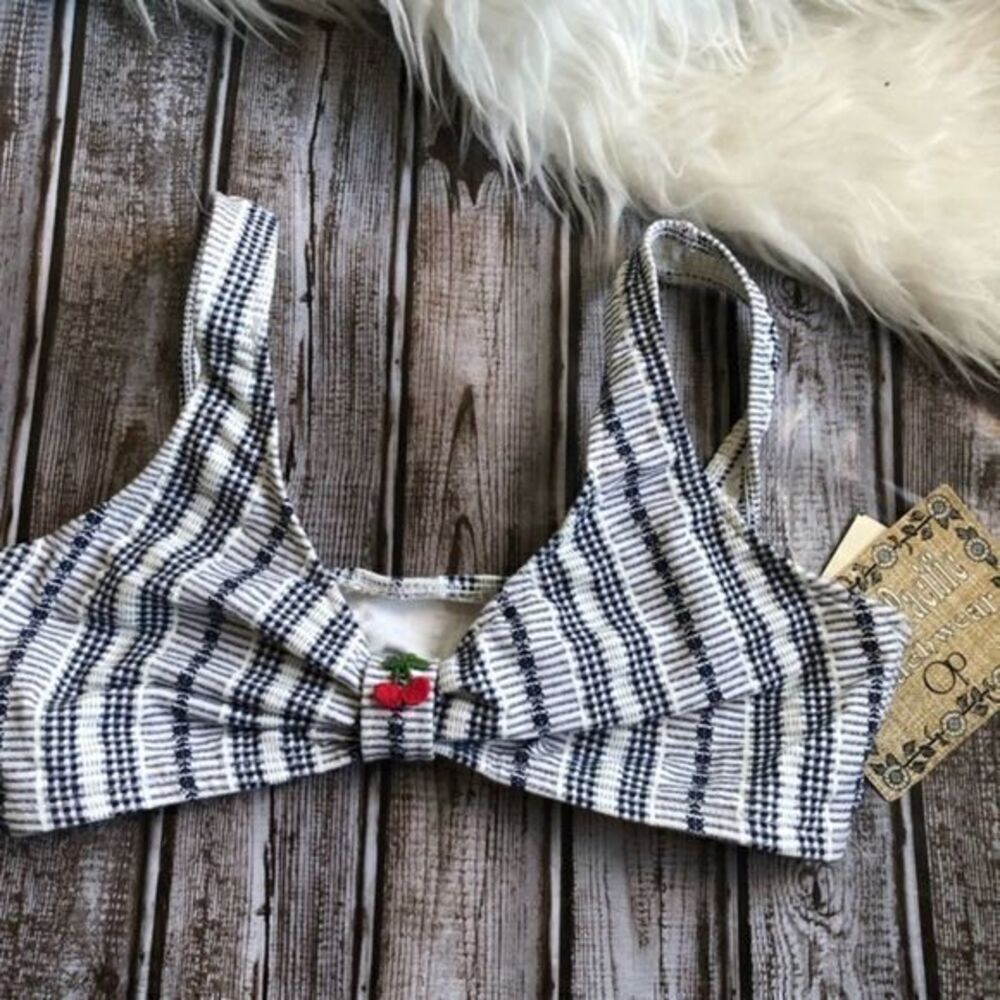 Vintage dead stock OP navy and white embroidered cherry swim top 14/16